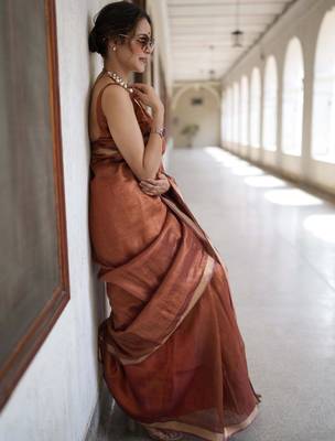 handwoven copper tissue linen saree 4