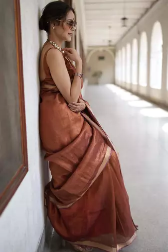 handwoven copper tissue linen saree