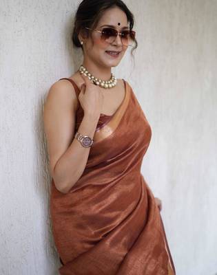handwoven copper tissue linen saree 5