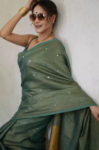 handwoven green tissue linen saree with mirror work