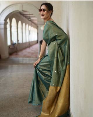handwoven green tissue linen saree with mirror work 5