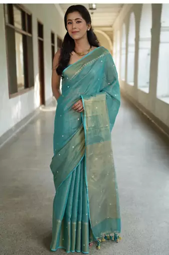handwoven blue tissue linen saree with mirror work