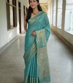 handwoven blue tissue linen saree with mirror work