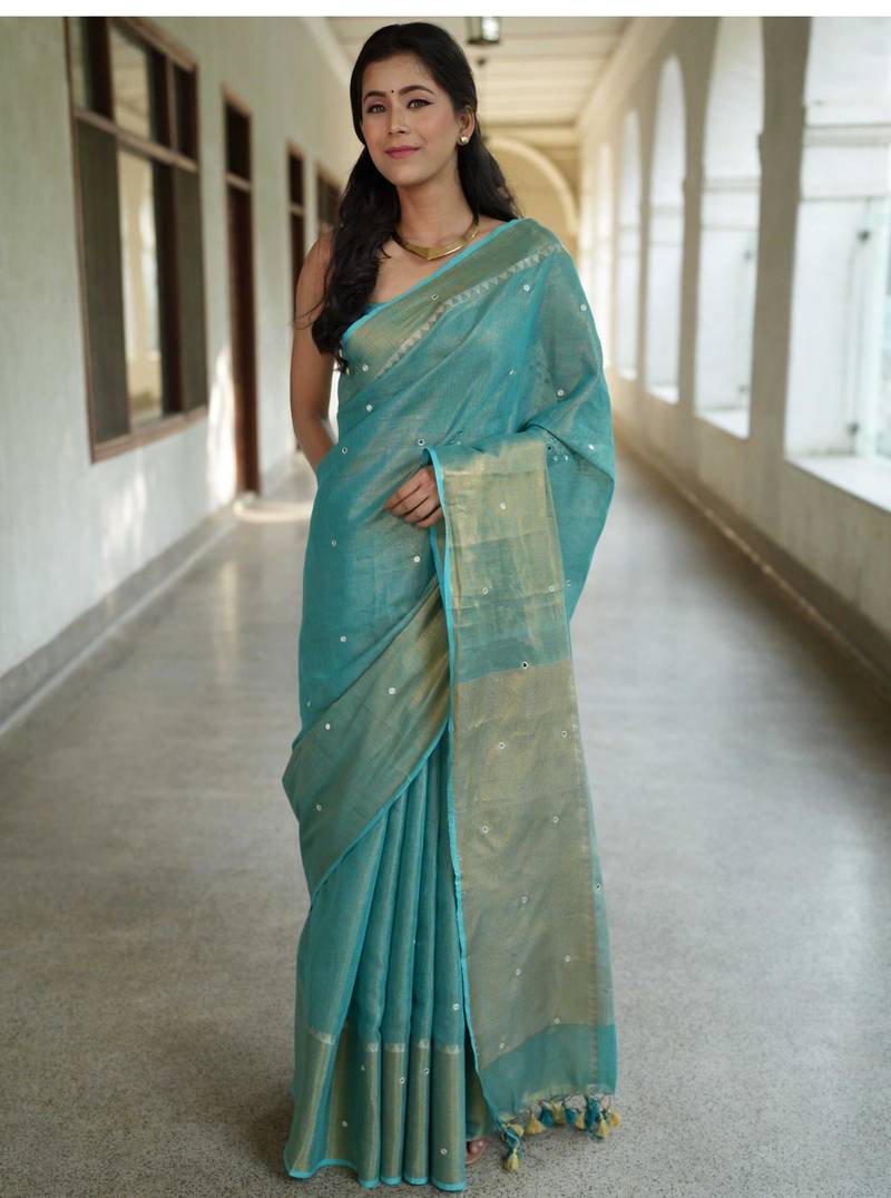 handwoven blue tissue linen saree with mirror work