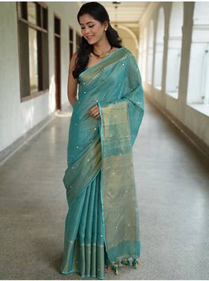handwoven blue tissue linen saree with mirror work 2