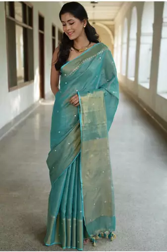handwoven blue tissue linen saree with mirror work