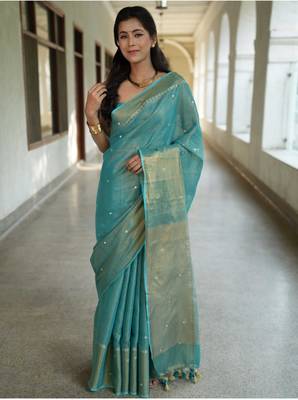 handwoven blue tissue linen saree with mirror work 3