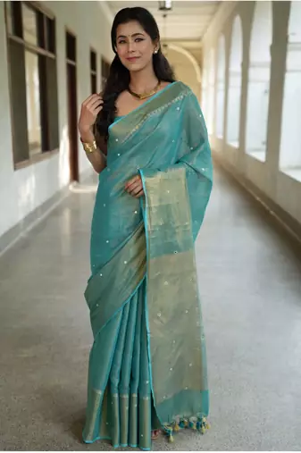 handwoven blue tissue linen saree with mirror work