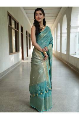 handwoven blue tissue linen saree with mirror work 4