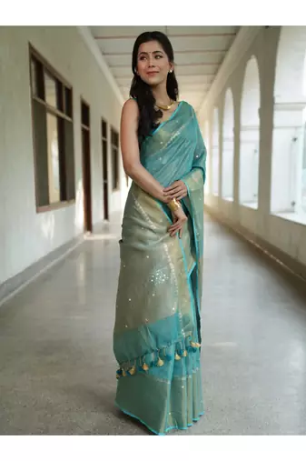 handwoven blue tissue linen saree with mirror work
