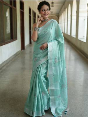 handwoven blue tissue linen saree with embroidery work 1