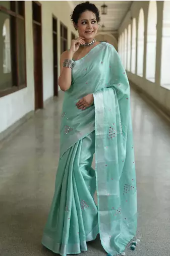 handwoven blue tissue linen saree with embroidery work