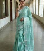 handwoven blue tissue linen saree with embroidery work