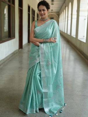 handwoven blue tissue linen saree with embroidery work 2