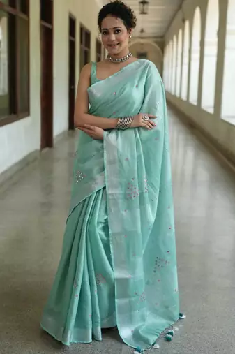 handwoven blue tissue linen saree with embroidery work