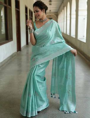 handwoven blue tissue linen saree with embroidery work 3