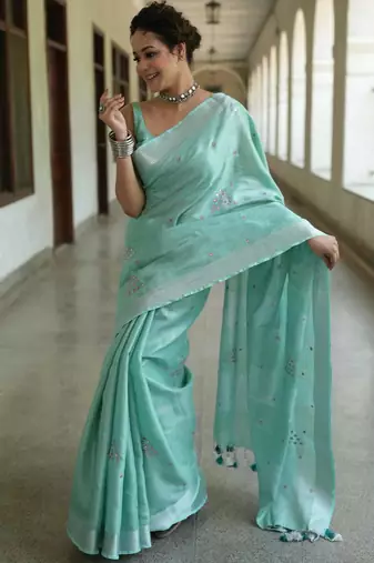 handwoven blue tissue linen saree with embroidery work