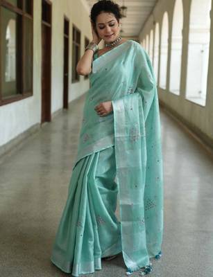 handwoven blue tissue linen saree with embroidery work 4