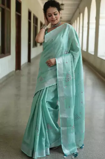 handwoven blue tissue linen saree with embroidery work
