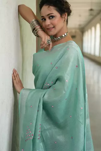 handwoven blue tissue linen saree with embroidery work