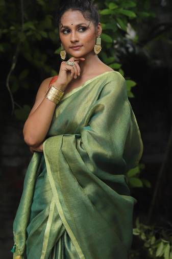 handwoven green tissue linen saree