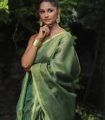 handwoven green tissue linen saree