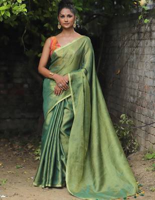 handwoven green tissue linen saree 3