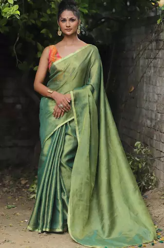 handwoven green tissue linen saree