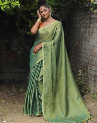 handwoven green tissue linen saree 4