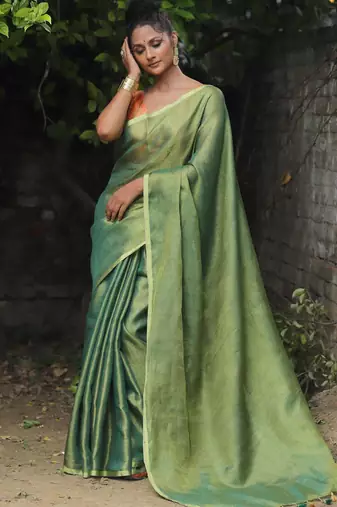 handwoven green tissue linen saree