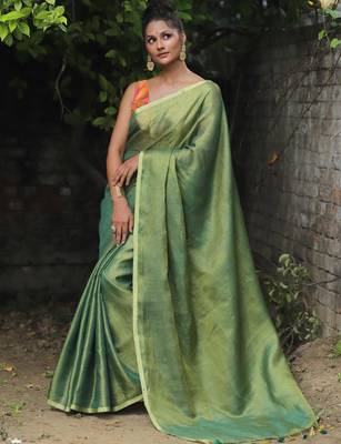 handwoven green tissue linen saree 5