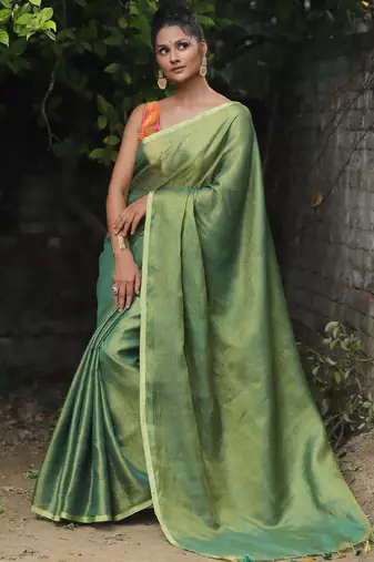 handwoven green tissue linen saree