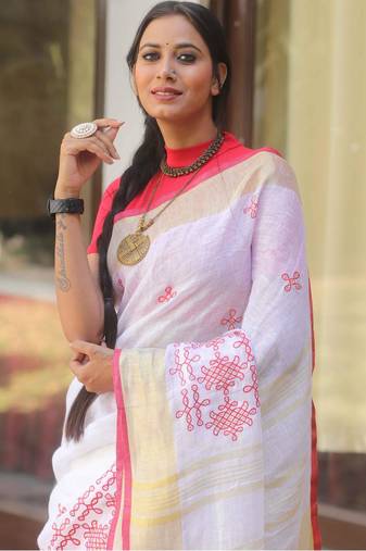 handwoven white linen saree with embroidery work