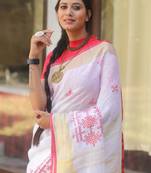 handwoven white linen saree with embroidery work