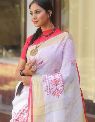 handwoven white linen saree with embroidery work 2