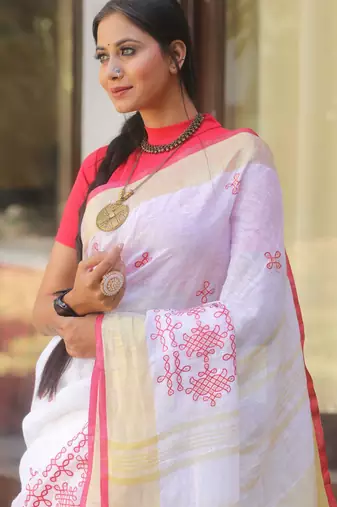 handwoven white linen saree with embroidery work