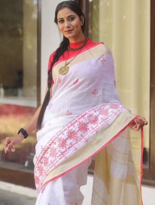 handwoven white linen saree with embroidery work 3