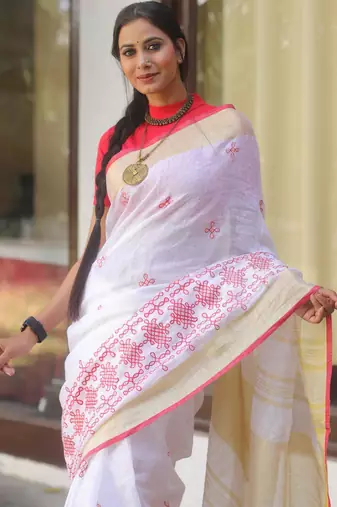 handwoven white linen saree with embroidery work