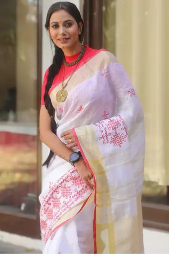 handwoven white linen saree with embroidery work