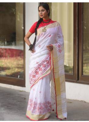 handwoven white linen saree with embroidery work 5