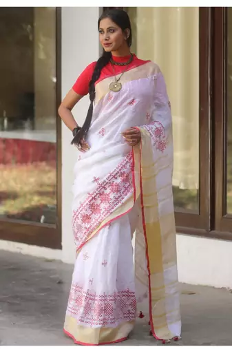 handwoven white linen saree with embroidery work