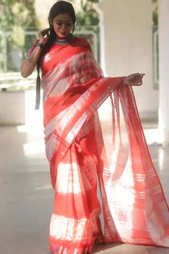 Multicolor handwoven cotton linen saree with shibori print