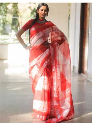 Multicolor handwoven cotton linen saree with shibori print 4