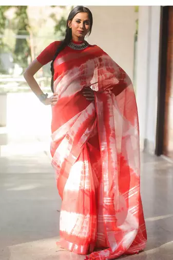 Multicolor handwoven cotton linen saree with shibori print