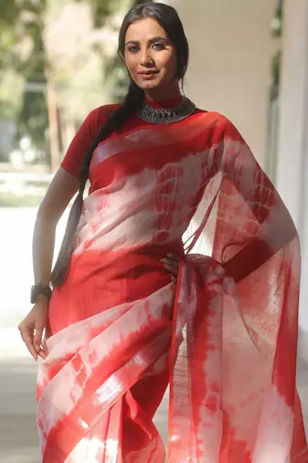 Multicolor handwoven cotton linen saree with shibori print