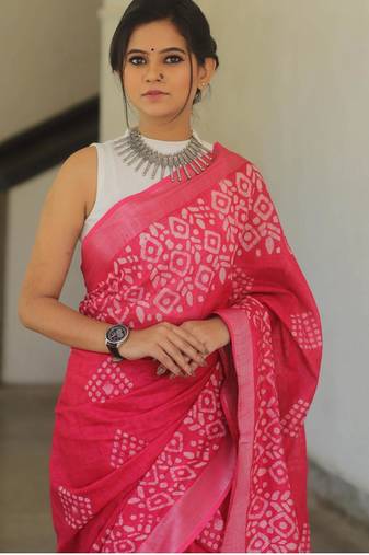Multicolor handwoven cotton linen saree with batik print
