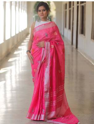 Pink handwoven pink embroidered linen saree 1