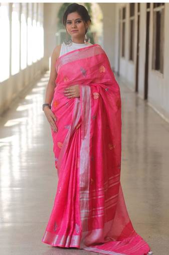 Pink handwoven pink embroidered linen saree