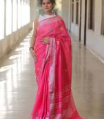 Pink handwoven pink embroidered linen saree