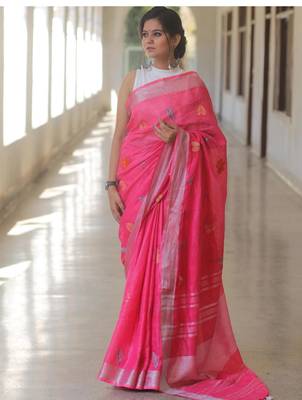 Pink handwoven pink embroidered linen saree 2